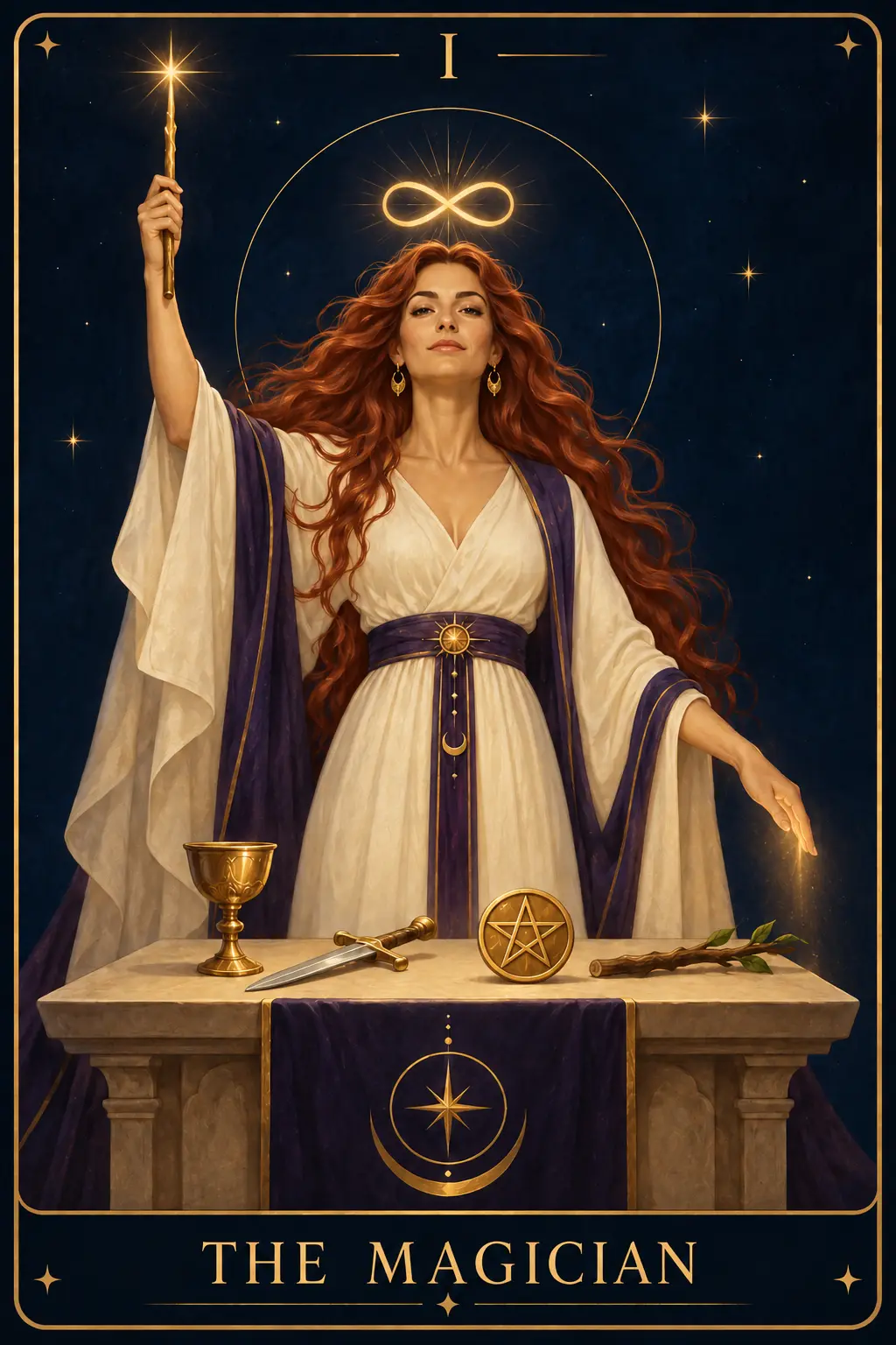 The Magician tarot card: a woman with long red hair, in a white and purple robe, raises a wand beneath a glowing lemniscate, with a cup, a sword, a pentacle and a wand on the altar before her